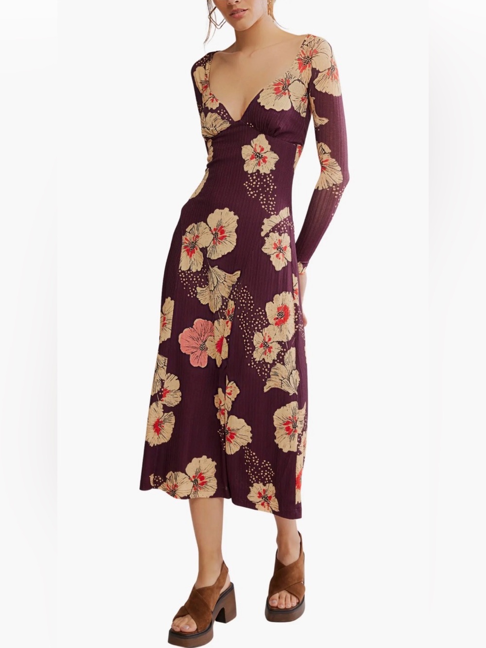 Free People Calla Floral Long Sleeve Midi Dress - large new with tags